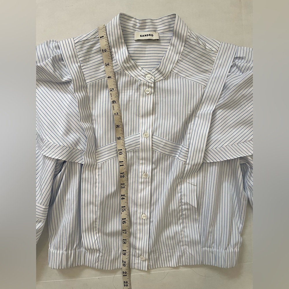 Sandro Yzeure Blue + White Cotton Striped Ruffled Cropped Shirt Size 4, Preppy - Picture 7 of 14